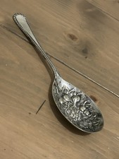 Antique Victorian Silver Plated Serving Spoon Repoussé Embossed Fruit Floral 