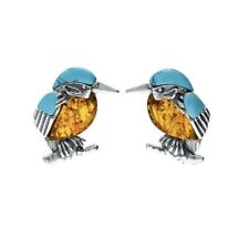 Kingfisher Amber Turquoise Stud Earrings Sterling Silver 925 Cognac Gemstones