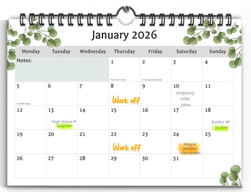2026 calendar green leaf - a4,