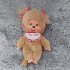 Monchhichi girl Plush doll blonde fur red bow bib Sekiguchi Japan rare
