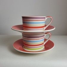 Whittard Of Chelsea A Pair Of Stripe Coral Coffee Cappuccino Cups With Saucers