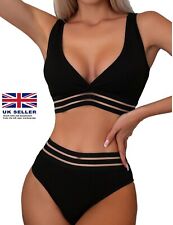 Women's Sheer Mesh Deep V Neck Bikini Swimsuit 2 Piece High Waist Bathing Suit L
