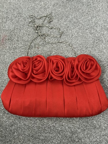 Red satin pleated clutch bag - red,