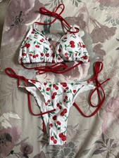 New Ladies Shein White & Red Cherries String Triangle Bikini L Fits 12 14