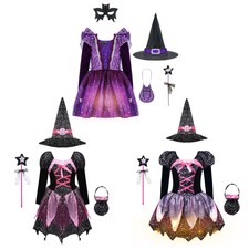 Kid Witch Halloween Costume Girl Witches Dress Cosplay Outfit with Hat Wand Bag
