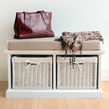 Tetbury White Storage Bench with Cushion, ASSEMBLED bench with wicker baskets