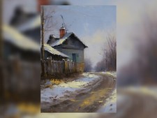 Rustic House Winter Scene Oil
