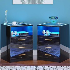 Set of 2 LED Black Bedside Tables with Wireless Charging 3 Drawers
