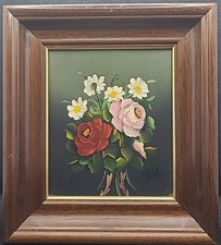 Vintage Framed Oil Painting Still Life Bouquet Of Flowers Signed By Artist ANA