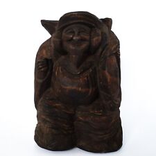 Antique or Vintage Japanese Wood Carved Figure of Lucky God Ebisu Holding a Fish