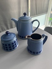 Vintage Retro Denby Reflex Blue Teapot, Milk Jug and Lidded Sugar Bowl Set