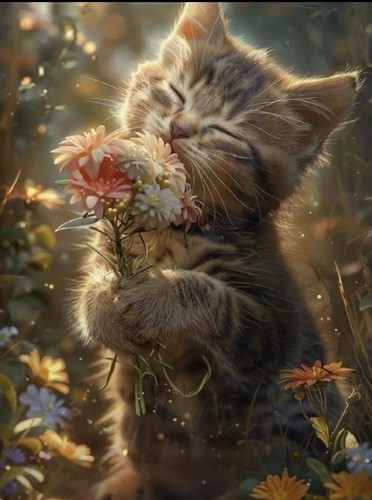 Tabby kitten cat with flower - with,