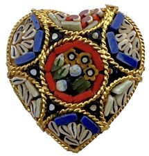 Vintage Italian Micro Mosaic Heart Pin Red Blue & White Glass Tiles In Gold 1”