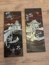 2 Vintage Red Lacquer Wall Panels w. Inlaid mother Of Pearl Scenes