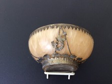 Chinese Yellow Jade Bowl ,Metal Mount, With Dragon And Phoenix.