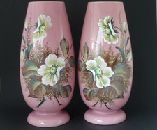 Pair Large Pink Victorian Bohemian Harrach Opaline Glass Vases Enamel Painted Fl