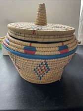 Seagrass Hand Woven Lidded Basket Double Handled Red Blue Beige Planter Storage