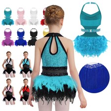 Kids Girls Halter Sparkly Rhinestone Latin Ballet Leotard Feather Tulle Bodysuit
