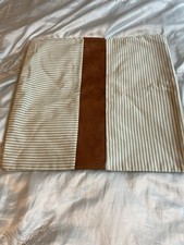 Cushion Covers Mint White Stripes Cotton with Brown Leather Strip Set of 2 New
