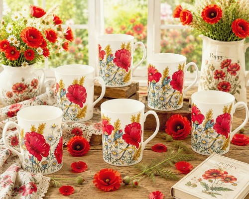 Poppy blossom bone china mugs - poppy,