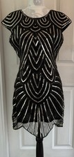 Great Gatsby 1920s Sequin Cocktail Dress – Black & Gold Art Deco – Size L – New