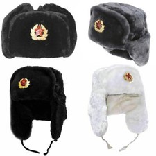 WARM WINTER CAP RUSSIAN TRAPPER HAT SOVIET BADGE MILITARY USHANKA COSSACK UNISEX