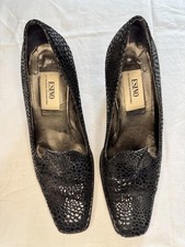 Esino Black Textured Block Heel Court Shoes UK 5 (EU 38) Made In Italy