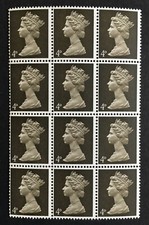 1968 Pre Decimal Machin 4d Olive Brown U12 SG731 Perf Type A PVA Gum Block of 12