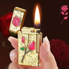 ✅Free Name Engrave ✅Christmas ✅Liquid fuel Refillable Lighter Gold Rose  ✅#303