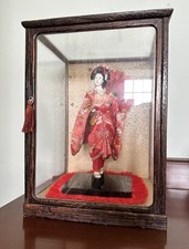 Japanese Porcelain Doll in Glass Cabinet Geisha Kimono Parasol Handmade Antique