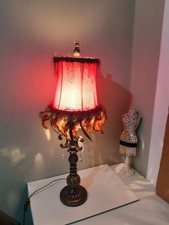 Chic Boho Country Style Lamp Vintage Berman, shade with feathers trim brown base