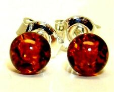 Silver Amber Ball Stud Earrings Cognac Cabochon Single 6mm  925 Sterling Silver