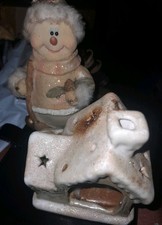 2 CHRISTMAS ORNAMENTS HOUSE CANDLE HOLDER  AND  SNOWMAN