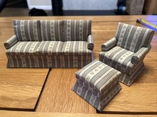 1:12 Scale Dolls House Floral Stripe Three Seater Settee, Armchair And Stool