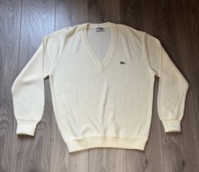 Men’s Vintage Chemise Lacoste V-Neck Jumper 2XL G Cream Spain Sweater Knit 80s
