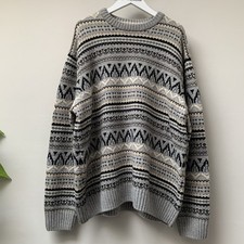Marks & Spencer M&S Fair Isle Men's Jumper Size Large Grey Crew Neck Wool Blend