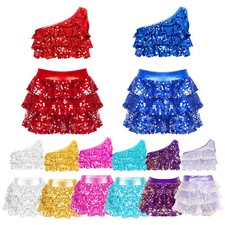 Girls Sparkle Sequin Dance Outfits Crop Top with Tiered Skirt Jazz Latin Costume