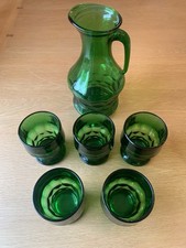 Green Glass Jug And 5 Glasses