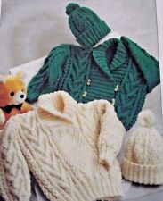 ARAN WOOL BABY SWEATER/JUMPER, CARDIGAN & BOBBLE HAT KNITTING PATTERN 20"-26"