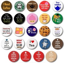 TEA COFFEE & CAKE (Various Designs) - 1" / 25mm Button Badge - Novelty Biscuits