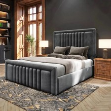 Plush Velvet Upholstered Ottoman Storage Divan Bed with Border Lines Headboard
