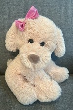With Snuggles Beige Fluffy Puppy Dog Soft Toy Plush With Pink Bow 12”