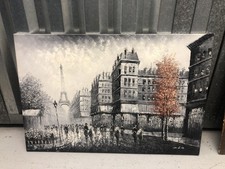 Paris Eiffel Tower Painting on Canvas Vintage Romance Scenic Winter Walk Signed