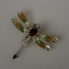 Large Multi Coloured Rhinestone Dragonfly Mayfly Brooch Gold Tone Enamel