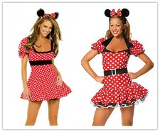Halloween Womens Minnie Mouse Red Polka Dot Fancy Dress Costume Outfit Hen Party