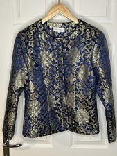Rushi Blue Gold Brocade Jacket Quilted Asian Inspired Tapestry Blazer – Size M