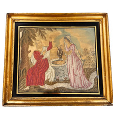 Antique Needlework  Silk work Picture early 19th century Rebecca at the Well