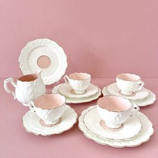 Vintage 19th Century Aynsley Delicate Crocus Cups Saucers Plates Jug Pink White