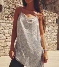 Zara Size M (10-12)Silver Sequin Open Back Strap Party Blouse Top Asymmetric Hem