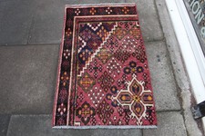 Vintage Worn Fragment Hand Made Traditional Oriental Wool Red Small Rug 113x69cm